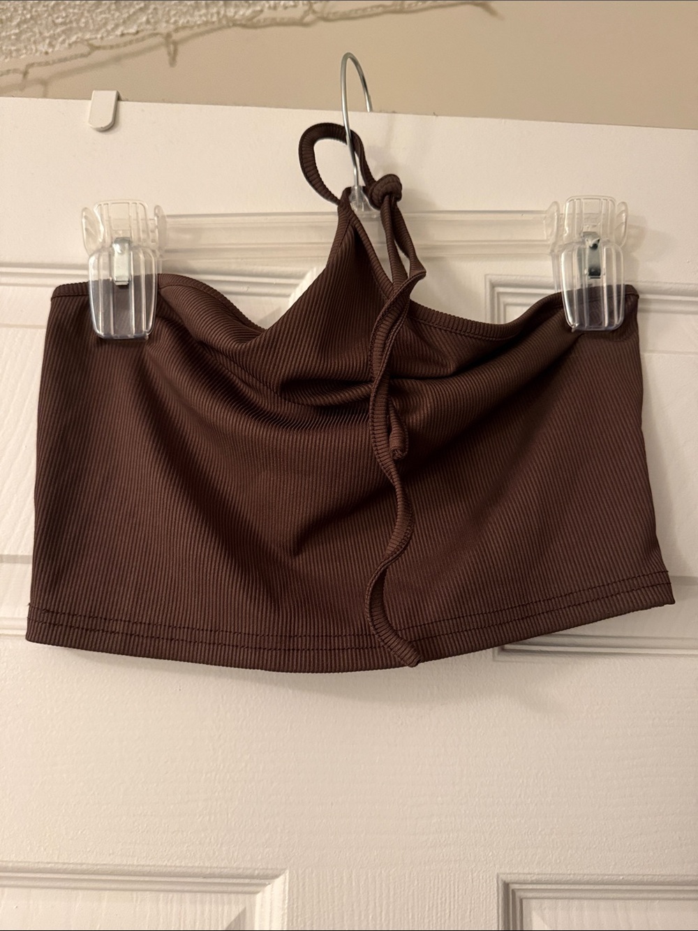 SHEIN Brown Ribbed Tie-Front Crop Top